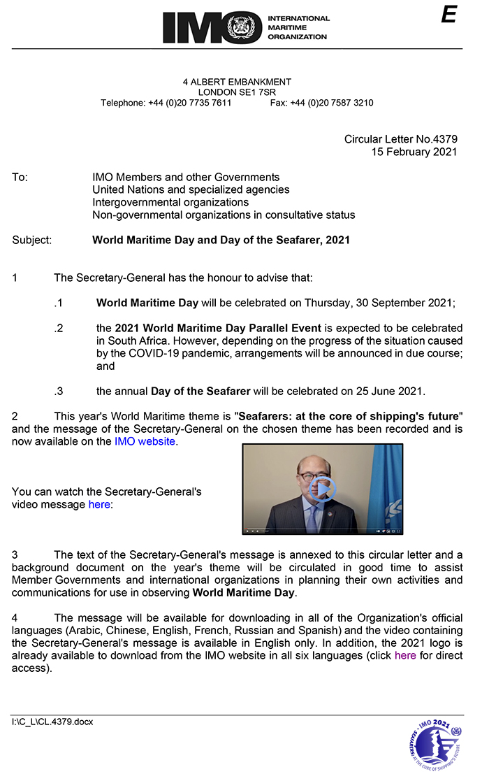Circular Letter No.4379 World Maritime Day And Day Of The Seafarer 2021 Secretariat 1